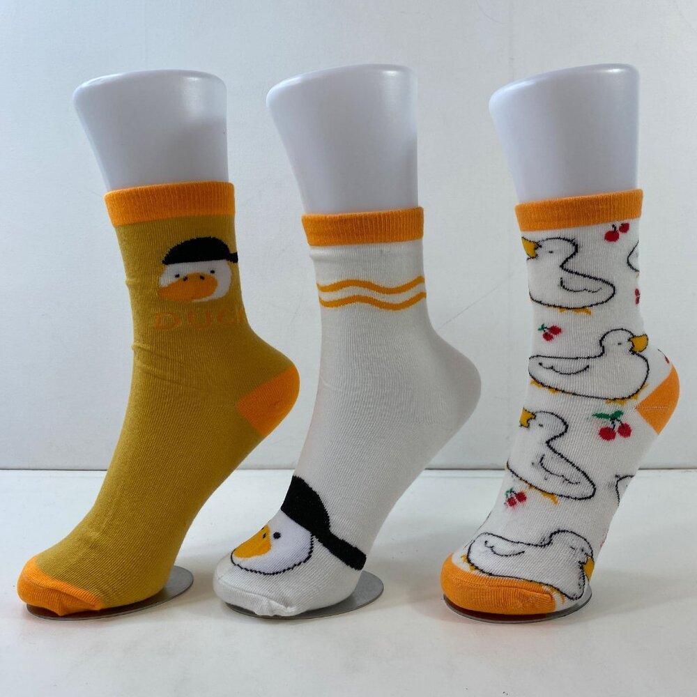 Unisex Crew Socks Set 3 Duck Cherry Print White Orange Black